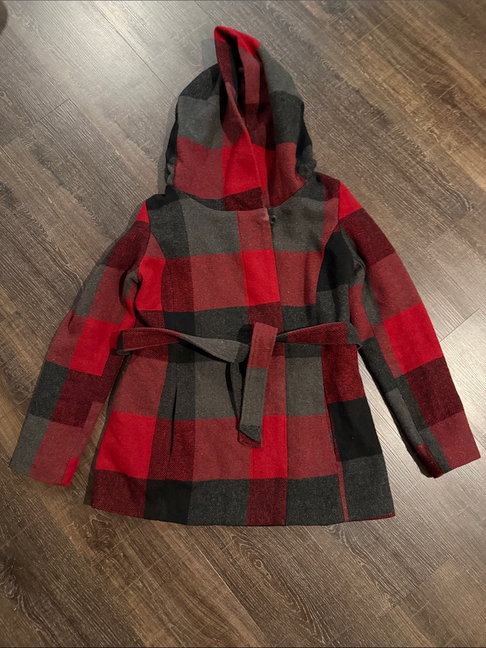 Xhilaration Red and Black Plaid Hooded Pea Coat with Belt